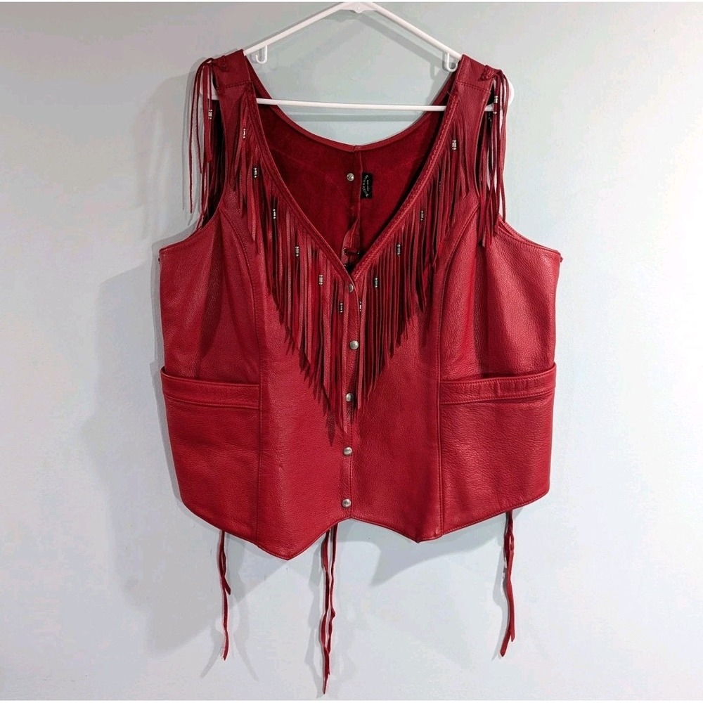 Red Cowgirl Leather Vest Lace Up Boho Biker Western Tassel Festival Womens XL